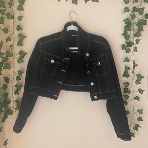 contrast stitch crop black button up jacket